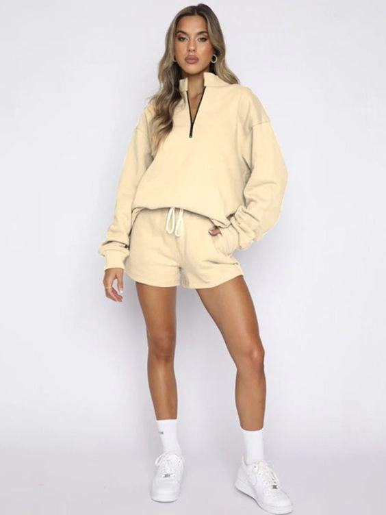 Women's Solid Color Pullover Long Sleeve Sweatshirt Shorts Set